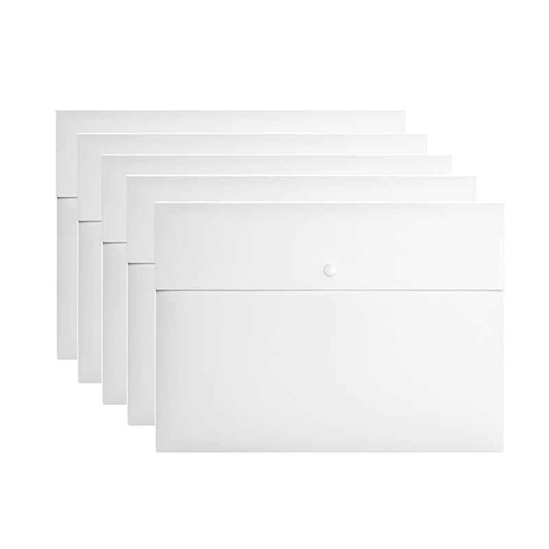 VANRA Poly File Folder Pockets File Jacket Plastic Envelope Flat Document Letter Organizer with Snap Button Closure A4 Letter Size (Pack of 5, White) - Image 1